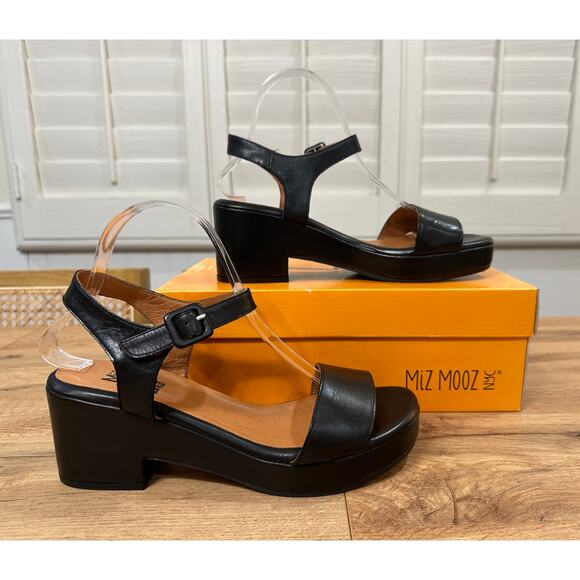 Miz Mooz NYC Gillie Block Heel Platform Sandal Black Leather Size 9/9.5 US 40 EU - Picture 3 of 13